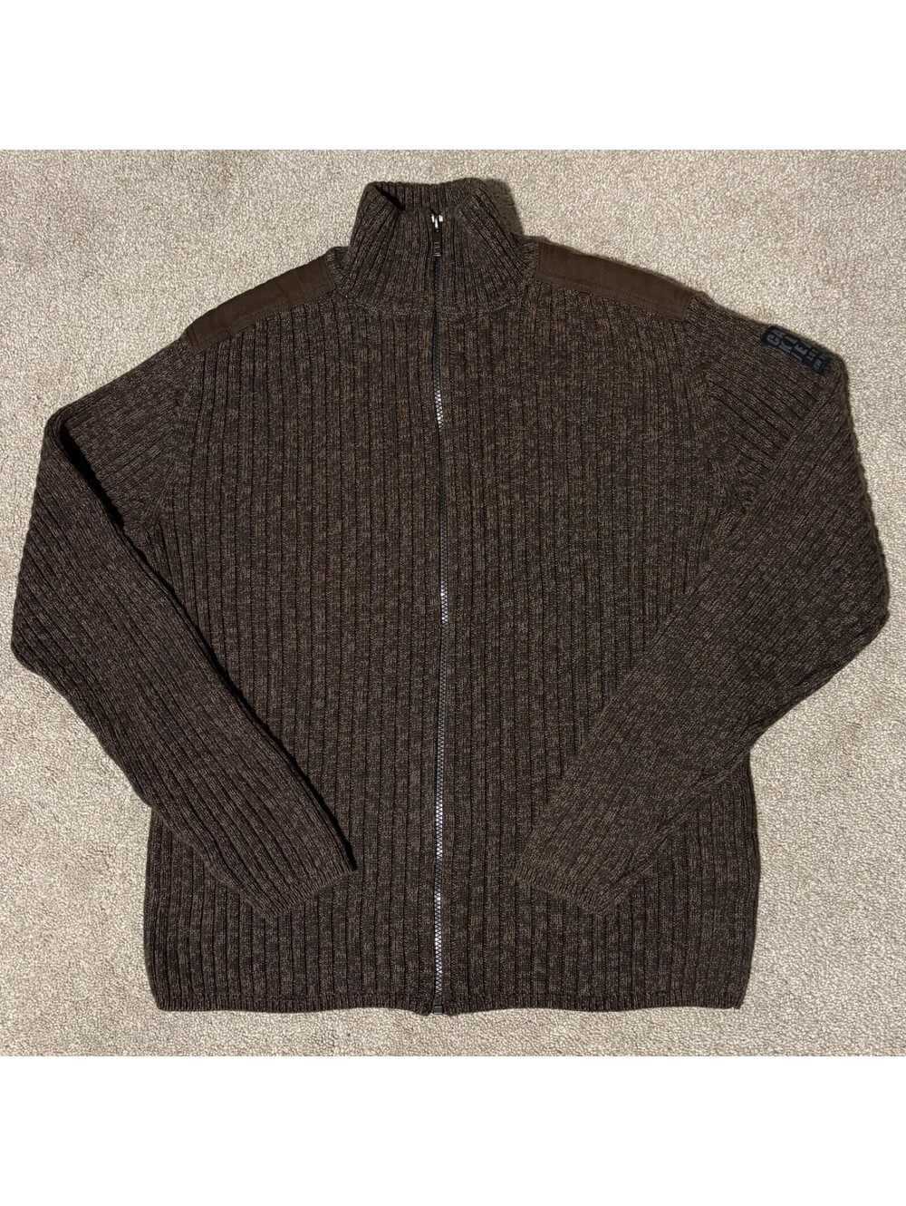 Calvin Klein Jeans Mens Sz M Full Zip Ribbed Knit Sweater Brown Mock Neck Cotton